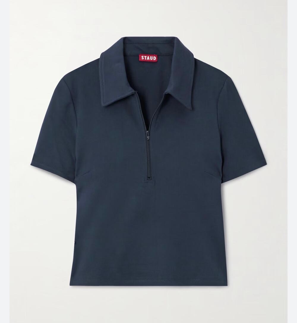 STAUD Lonnie Stretch Ponte Polo Shirt Navy Size Small